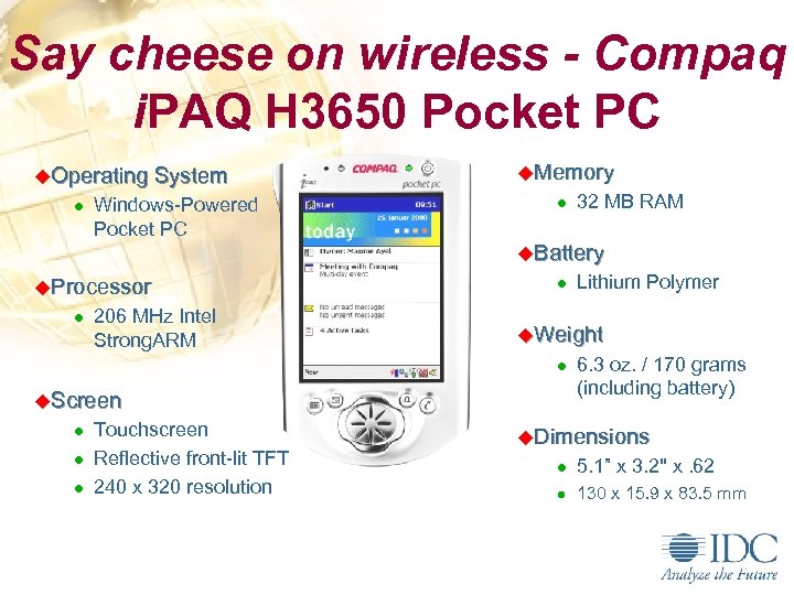 Say cheese on wireless - Compaq i. PAQ H 3650 Pocket PC u. Operating