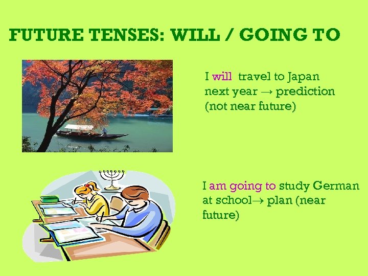 FUTURE TENSES: WILL / GOING TO I will travel to Japan next year →