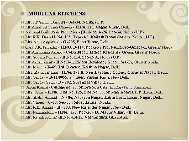  MODULAR KITCHENS: Mr. J. P Singh (Builder) - Sec-34, Noida, (U. P). Mr.
