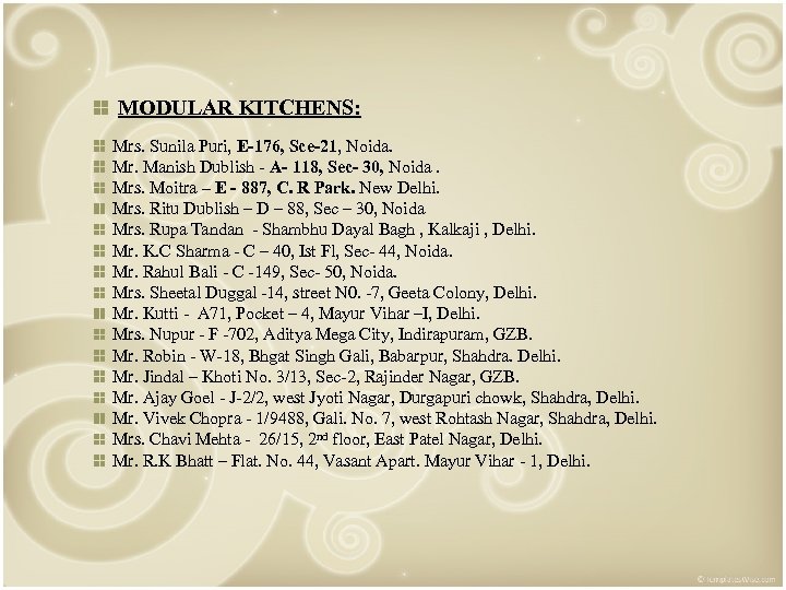 MODULAR KITCHENS: Mrs. Sunila Puri, E-176, Sce-21, Noida. Mr. Manish Dublish - A- 118,