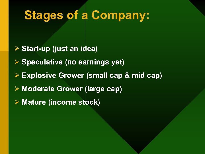 Stages of a Company: Ø Start-up (just an idea) Ø Speculative (no earnings yet)