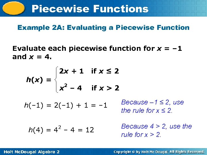 Piecewise Functions Example 2 A: Evaluating a Piecewise Function Evaluate each piecewise function for