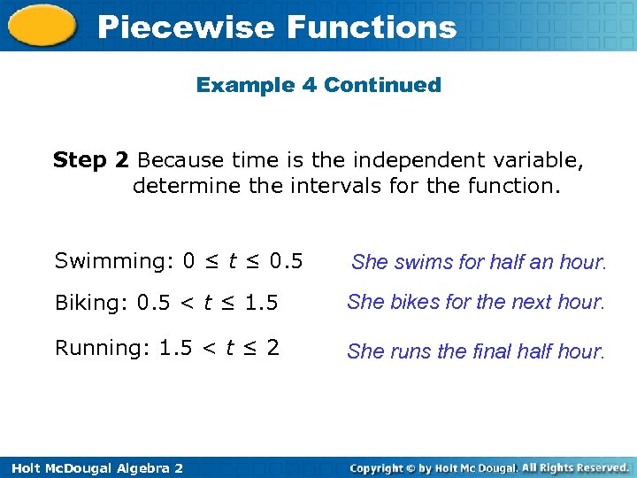 Piecewise Functions Example 4 Continued Step 2 Because time is the independent variable, determine