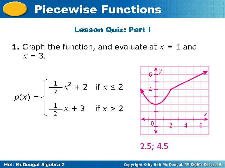 Piecewise Functions Lesson Quiz: Part I 1. Graph the function, and evaluate at x