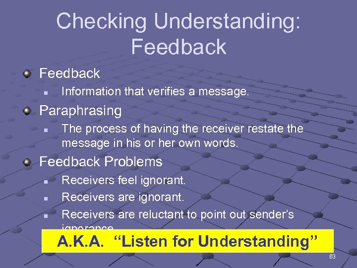 Checking Understanding: Feedback n Information that verifies a message. Paraphrasing n The process of