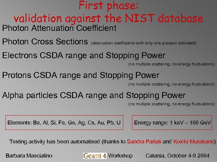 First phase: validation against the NIST database Photon Attenuation Coefficient Photon Cross Sections (attenuation