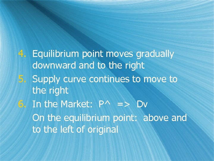 4. Equilibrium point moves gradually downward and to the right 5. Supply curve continues