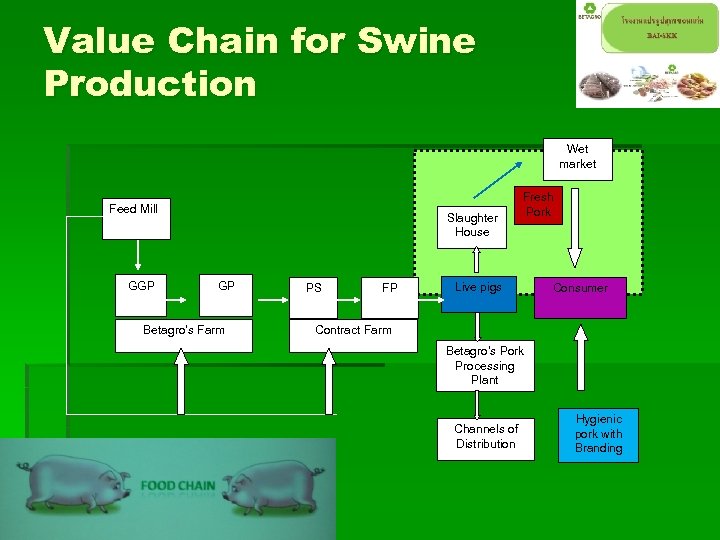 Value Chain for Swine Production Wet market Feed Mill GGP Slaughter House GP Betagro’s