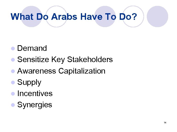 What Do Arabs Have To Do? l Demand l Sensitize Key Stakeholders l Awareness