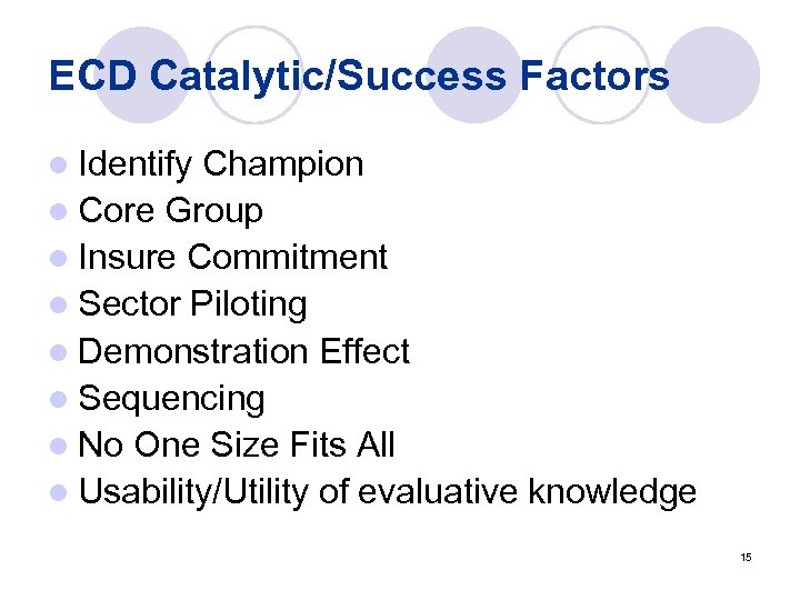 ECD Catalytic/Success Factors l Identify Champion l Core Group l Insure Commitment l Sector