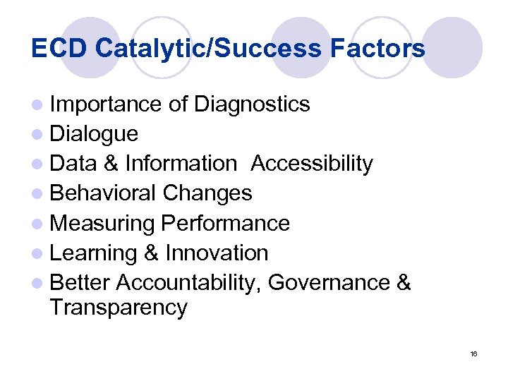 ECD Catalytic/Success Factors l Importance of Diagnostics l Dialogue l Data & Information Accessibility