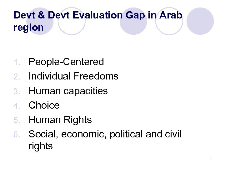 Devt & Devt Evaluation Gap in Arab region 1. 2. 3. 4. 5. 6.