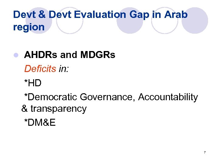 Devt & Devt Evaluation Gap in Arab region l AHDRs and MDGRs Deficits in: