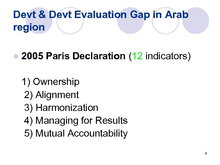 Devt & Devt Evaluation Gap in Arab region l 2005 Paris Declaration (12 indicators)
