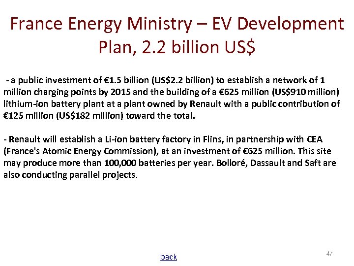 France Energy Ministry – EV Development Plan, 2. 2 billion US$ - a public
