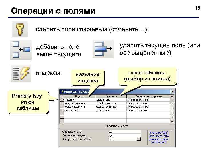 18 Операции с полями сделать поле ключевым (отменить…) добавить поле выше текущего индексы Primary