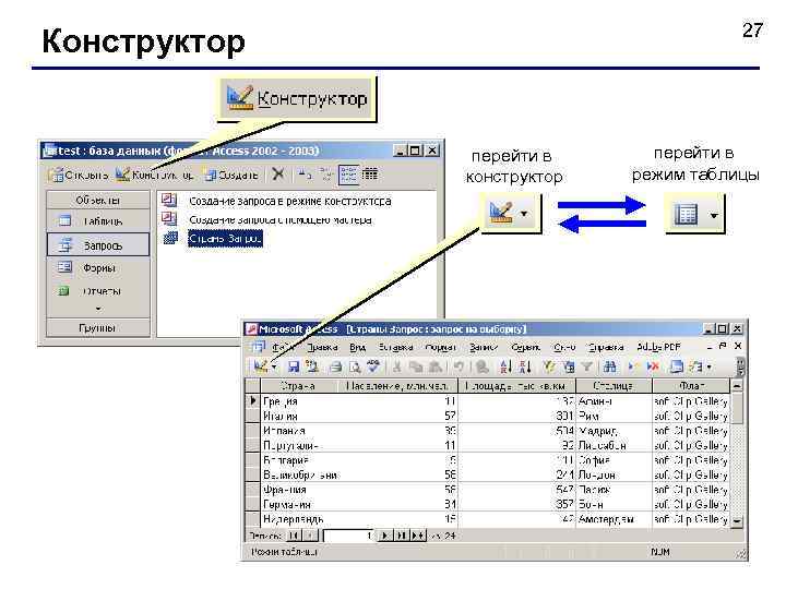 27 Конструктор перейти в конструктор перейти в режим таблицы 