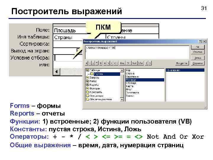 Построитель выражений 31 ПКМ Forms – формы Reports – отчеты Функции: 1) встроенные; 2)