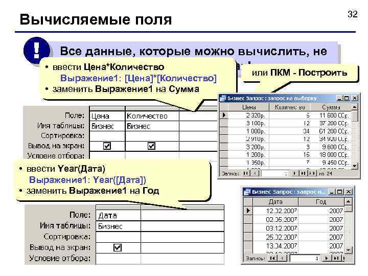 Вычисляемые поля ! • Все данные, которые можно вычислить, не должны храниться в таблицах!