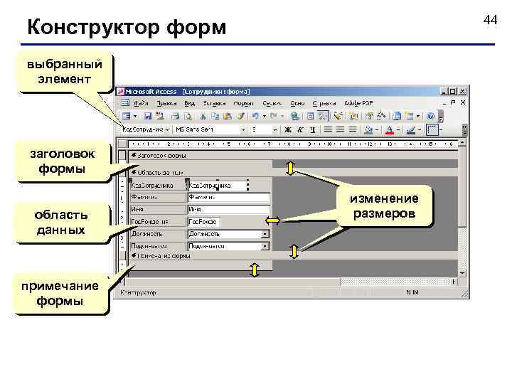 44 Конструктор форм выбранный элемент заголовок формы область данных примечание формы изменение размеров 