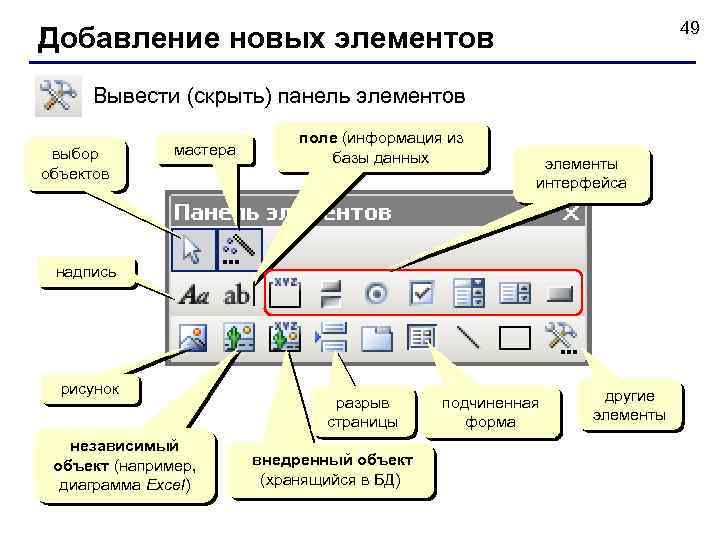 49 Добавление новых элементов Вывести (скрыть) панель элементов выбор объектов мастера поле (информация из