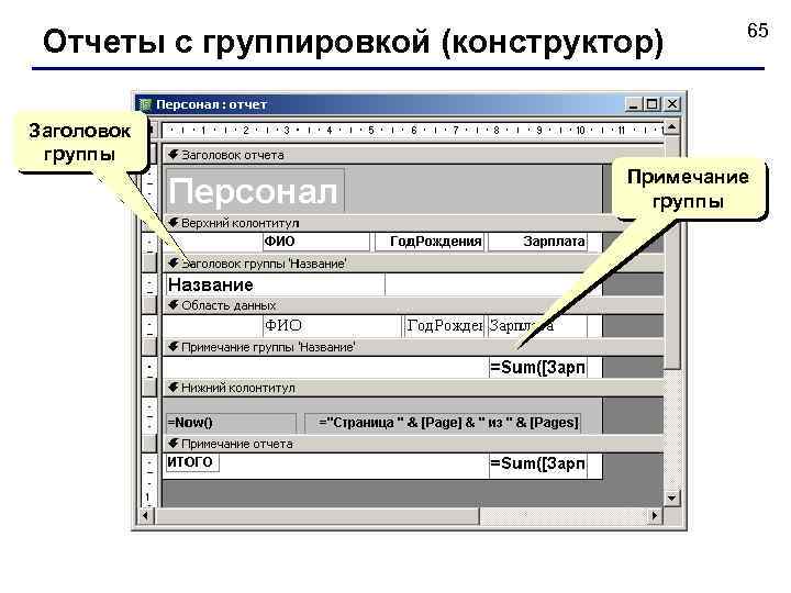 Отчеты с группировкой (конструктор) 65 Заголовок группы Примечание группы 