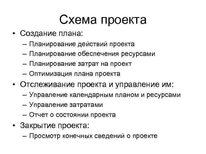 Схема проекта • Создание плана: – – Планирование действий проекта Планирование обеспечения ресурсами Планирование