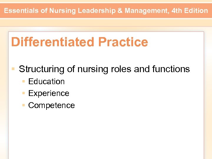 Essentials of Nursing Leadership & Management, 4 th Edition Differentiated Practice § Structuring of