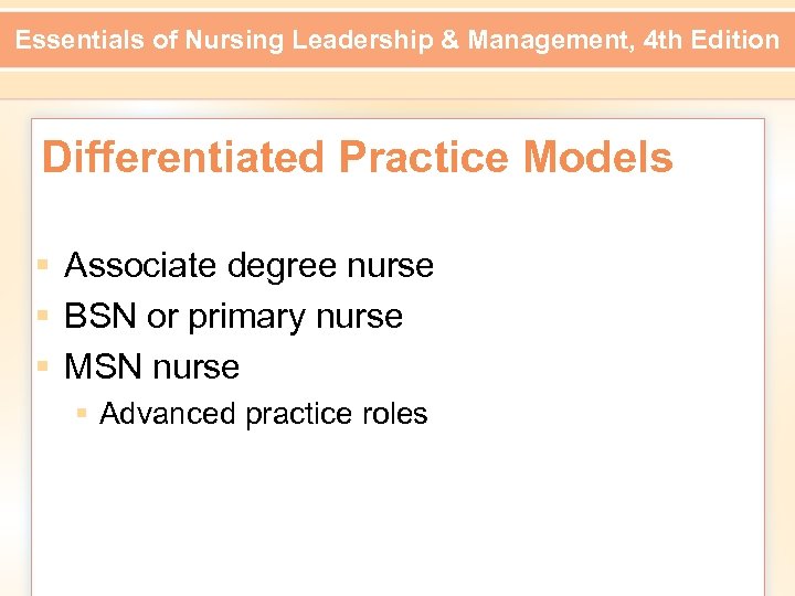 Essentials of Nursing Leadership & Management, 4 th Edition Differentiated Practice Models § Associate