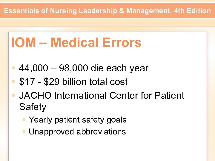 Essentials of Nursing Leadership & Management, 4 th Edition IOM – Medical Errors §