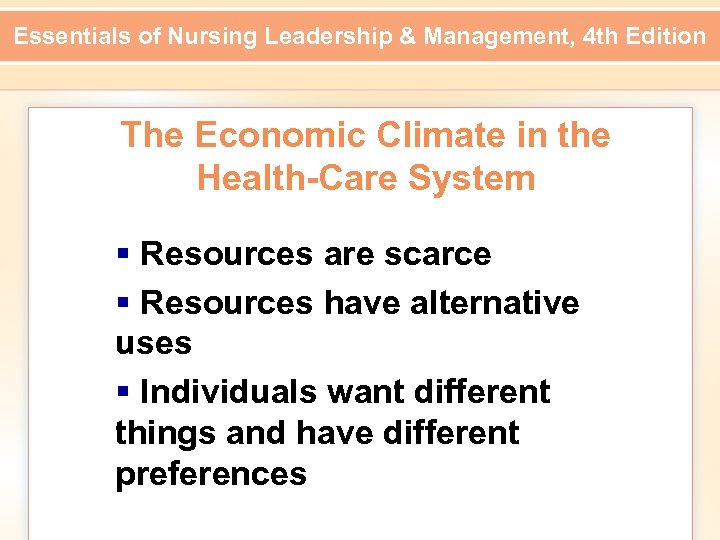 Essentials of Nursing Leadership & Management, 4 th Edition The Economic Climate in the