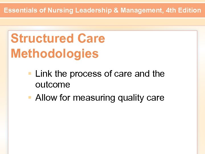 Essentials of Nursing Leadership & Management, 4 th Edition Structured Care Methodologies § Link