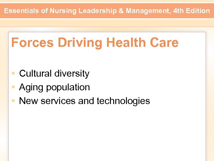 Essentials of Nursing Leadership & Management, 4 th Edition Forces Driving Health Care §
