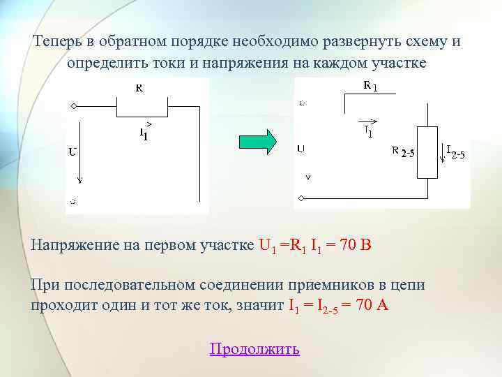 Теперь в обратном порядке необходимо развернуть схему и определить токи и напряжения на каждом