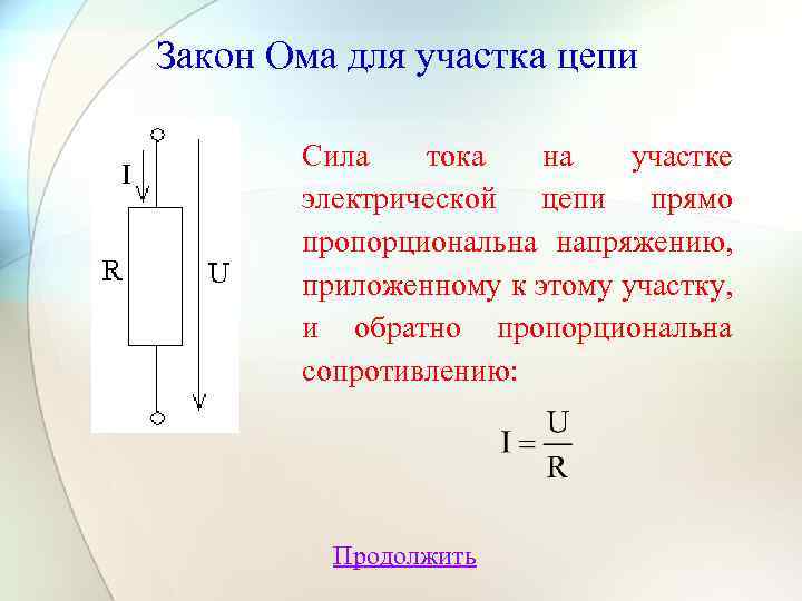 Закон Ома для участка цепи Сила тока на участке электрической цепи прямо пропорциональна напряжению,