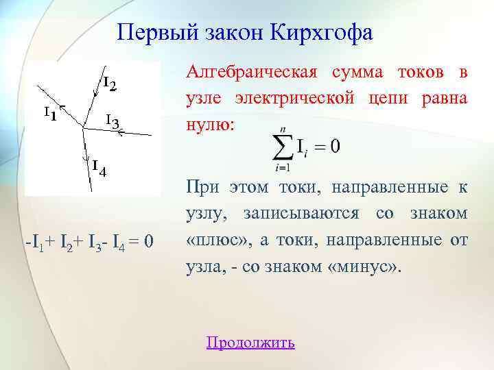 Первый закон Кирхгофа Алгебраическая сумма токов в узле электрической цепи равна нулю: -I 1+