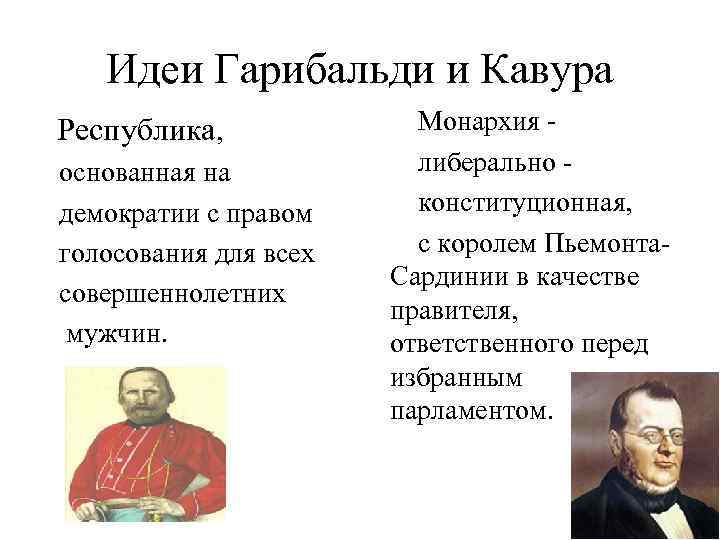 Идеи Гарибальди и Кавура Республика, основанная на демократии с правом голосования для всех совершеннолетних
