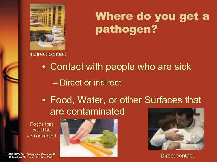 Where do you get a pathogen? Indirect contact • Contact with people who are