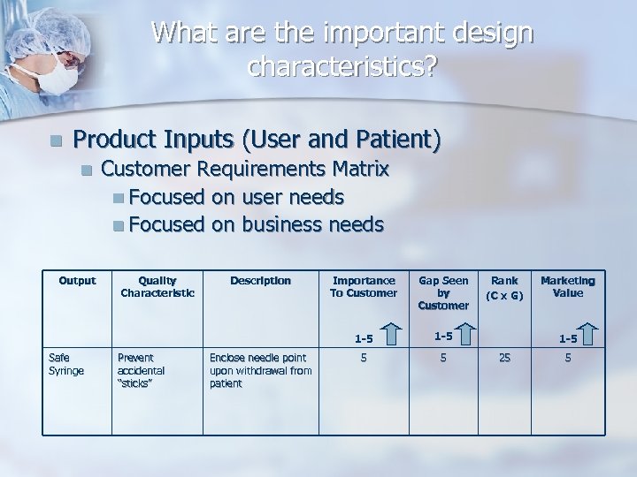 What are the important design characteristics? n Product Inputs (User and Patient) n Output