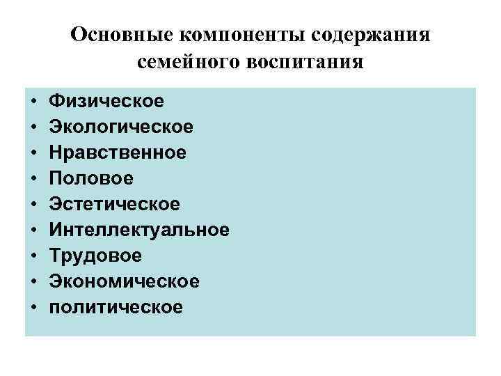 Основные компоненты содержания семейного воспитания • • • Физическое Экологическое Нравственное Половое Эстетическое Интеллектуальное