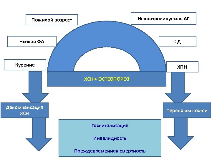 Неконтролируемая АГ Пожилой возраст Низкая ФА СД Курение ХПН ХСН + ОСТЕОПОРОЗ Декомпенсация ХСН