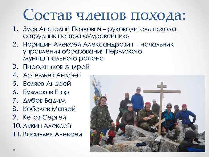Состав членов похода: 1. Зуев Анатолий Павлович – руководитель похода, сотрудник центра «Муравейник» 2.