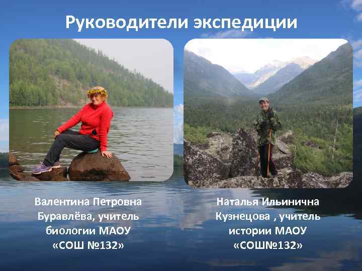 Руководители экспедиции Валентина Петровна Буравлёва, учитель биологии МАОУ «СОШ № 132» Наталья Ильинична Кузнецова