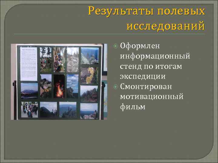 Результаты полевых исследований Оформлен информационный стенд по итогам экспедиции Смонтирован мотивационный фильм 