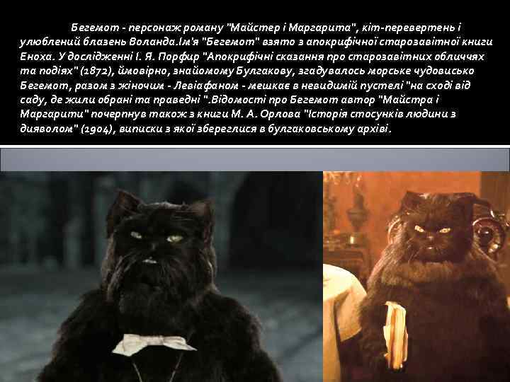 Бегемот - персонаж роману "Майстер і Маргарита", кіт-перевертень і улюблений блазень Воланда. Ім'я "Бегемот"