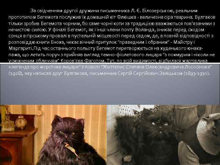 За свідченням другої дружини письменника Л. Є. Білозерською, реальним прототипом Бегемота послужив їх домашній