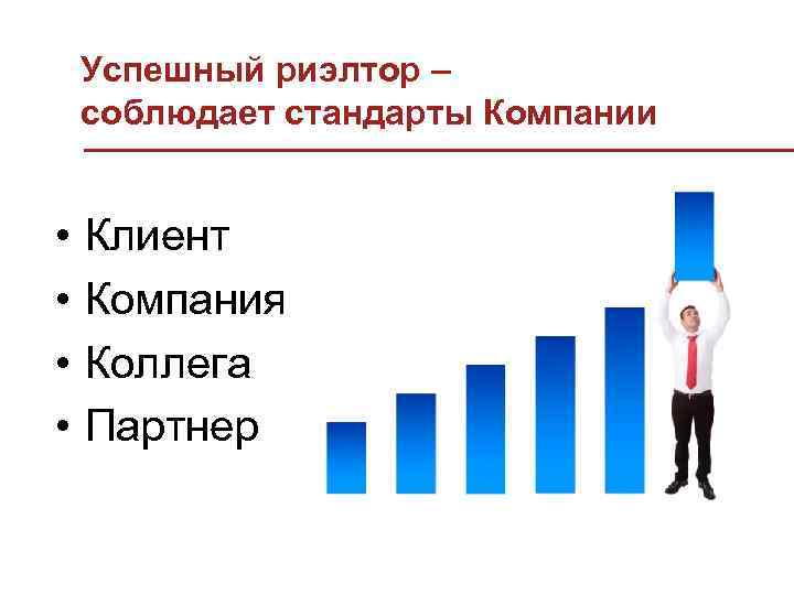 Успешный риэлтор – соблюдает стандарты Компании • • Клиент Компания Коллега Партнер 