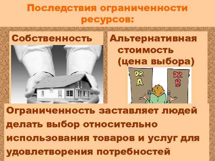 Последствия ограниченности ресурсов: Собственность Альтернативная стоимость (цена выбора) Ограниченность заставляет людей делать выбор относительно