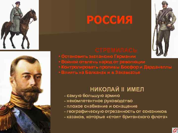 РОССИЯ СТРЕМИЛАСЬ • Остановить экспансию Германии • Войной отвлечь народ от революции • Контролировать