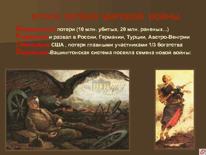 ИТОГИ ПЕРВОЙ МИРОВОЙ ВОЙНЫ Колоссальные потери (10 млн. убитых, 20 млн. раненых. . .